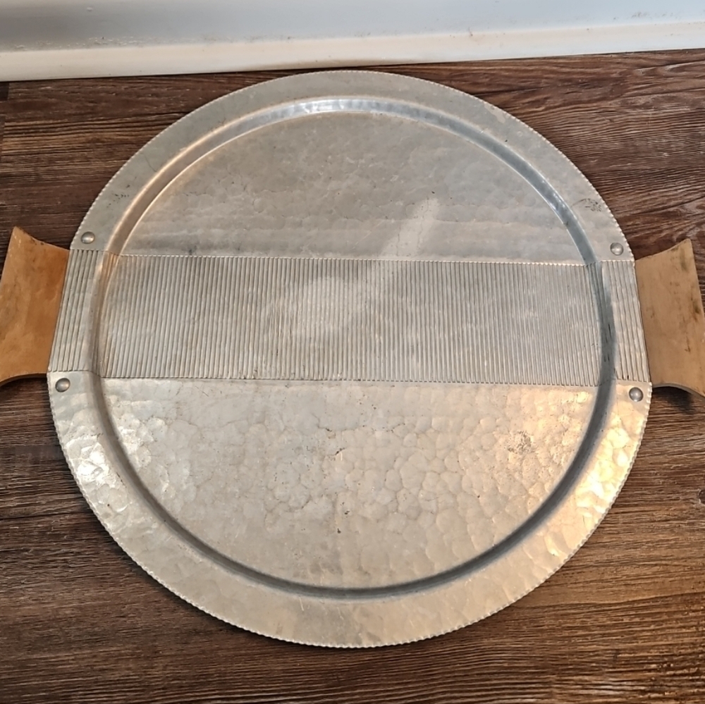 Vtg.Continental Corduroy Hand Wrought Hammered Aluminum Wood Handled Tray #1579